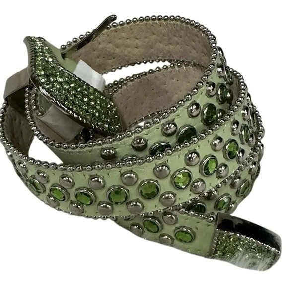 Christine Alexander Swarovski Crystal Studded Green Leather Belt Size Large - Picture 5 of 16
